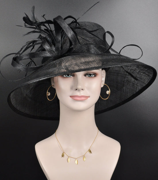 Black Derby Hat: Wide Brim Sinamay Feather Ascot Hat