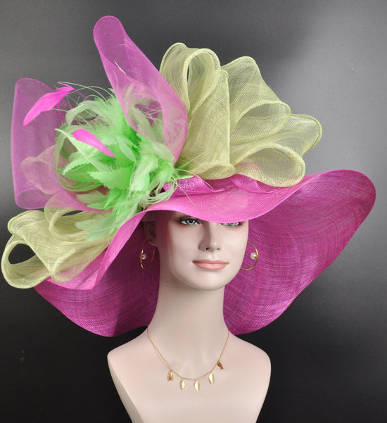 Wide Brim Kentucky Derby Hat, Ascot Hat for Wedding & Tea Party, Garden Party Hat, Mother of the Bride, Church Fuchsia Pink Green