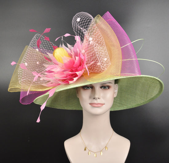 Wide Brim Sinamay Derby Hat: Green, Lemon, Pink Flower