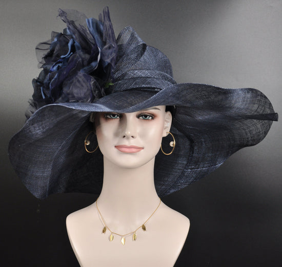 Navy Blue Sinamay Derby Hat: Jumbo Silk Flower Wide Brim