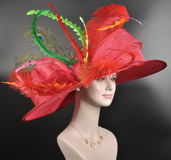 Red Green Orange Peacock Feathers Wide Brim Sinamay Derby Hat, Feather & Bow Statement Hat, Ascot Fascinator for Wedding, Church, Tea Party