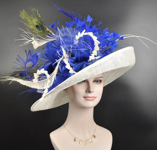 Wide Brim Sinamay Kentucky Derby Hat, Royal Blue Feather Flower