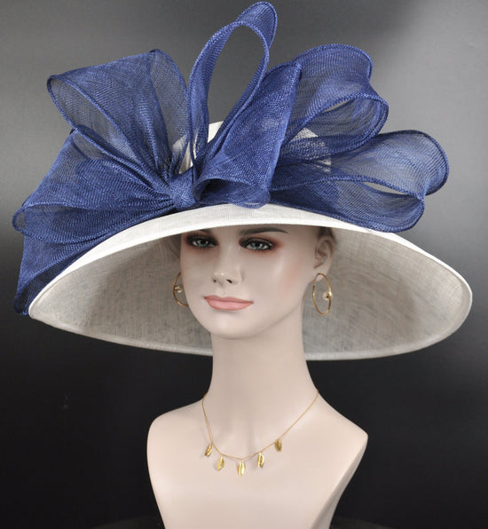 Sinamay Kentucky Derby Hat, White Wide Brim with Navy Bow