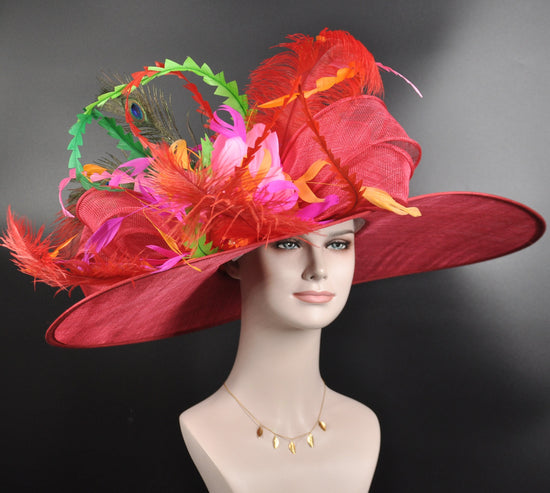 Red Pink Orange Green Ostrich Feather Kentucky Derby Hat, Ascot Hat for Wedding & Tea Party, Garden Party Hat, Mother of the Bride, Church
