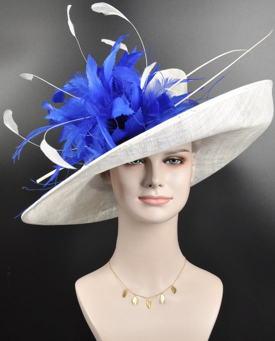 Wide Brim Sinamay Derby Hat: Royal Blue Feather Church Wedding