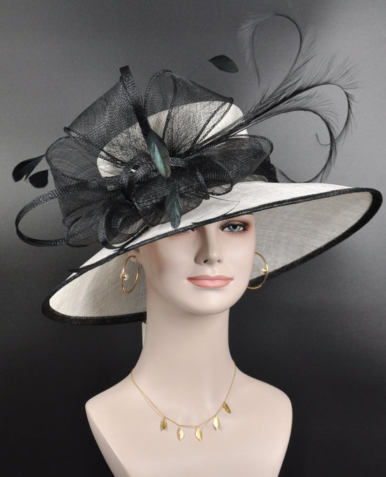 Wide Brim Sinamay Derby Hat: White & Black Feathered Tea Party Hat