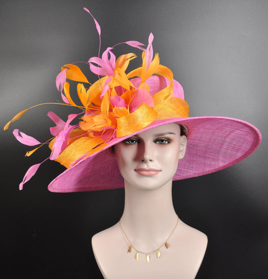 Pink Sinamay Kentucky Derby Hat, Orange & Green Feather Flower