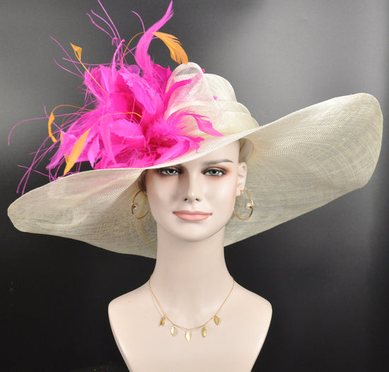 Wide Brim Sinamay Derby Hat: Ivory with Fuchsia Feather Flower