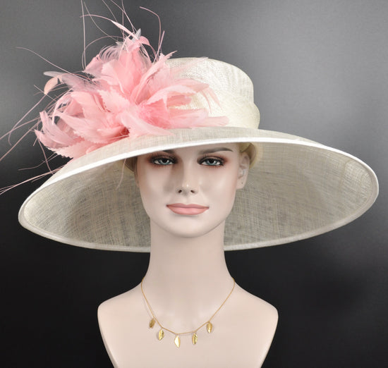 Sinamay Derby Hat: Wide Brim Tea Party Wedding Hat with Pink Feather