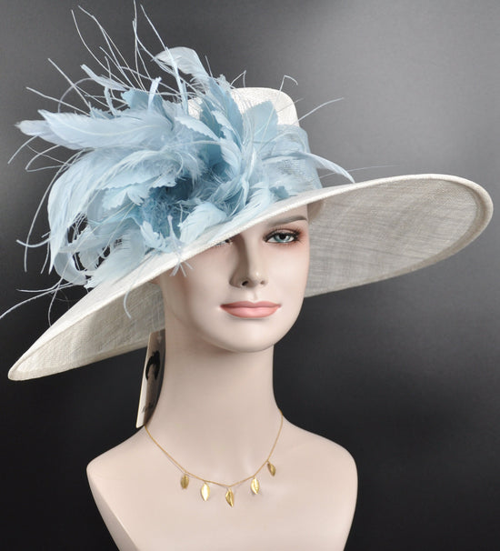 Wide Brim Kentucky Derby Hat, Ascot Hat for Wedding & Tea Party, Garden Party Hat, Mother of the Bride, Church White Powder Blue