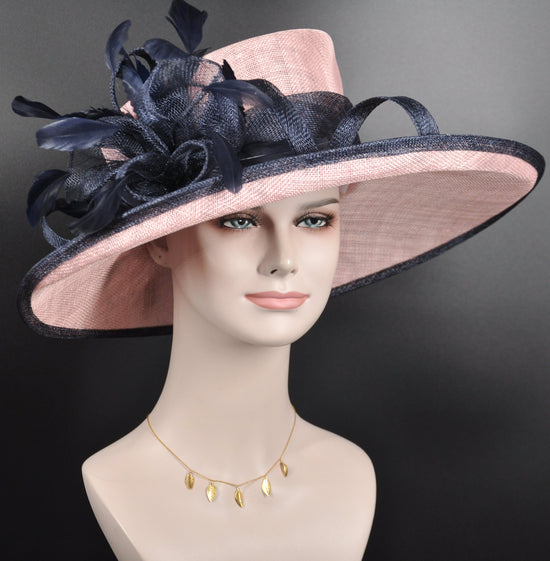 Blush Pink Dusty Pink Navy Blue Feather Wide Brim Sinamay hat, Kentucky derby Hat, Wedding Guest Hat, Tea Party Hat, Ascot Royal Hat,Easter