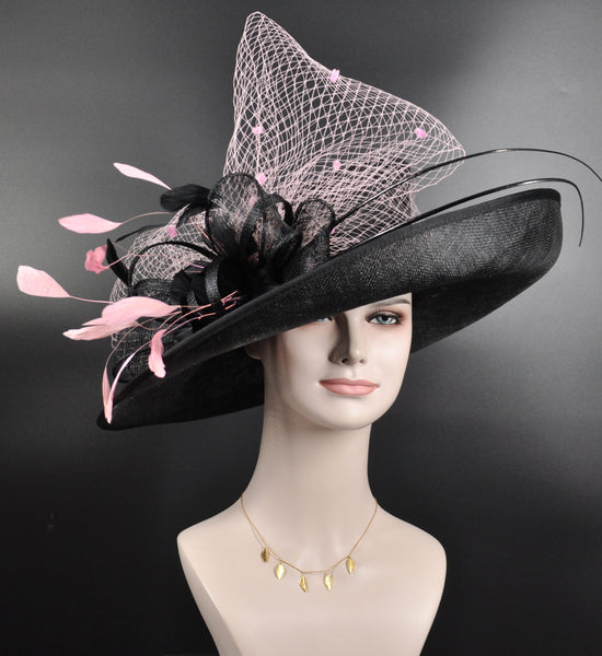 Wide Brim Kentucky Derby Hat, Ascot Hat for Wedding & Tea Party, Garden Party Hat, Mother of the Bride, Church Black Pink