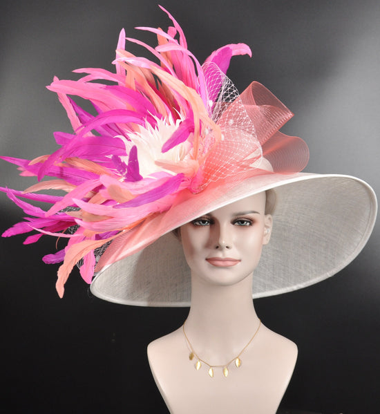 Wide Brim Kentucky Derby Hat, Ascot Hat for Wedding & Tea Party, Garden Party Hat, Mother of the Bride, Church-White Fuchsia Pink Peach