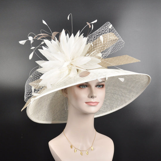 Wide Brim Sinamay Kentucky Derby Hat: Ivory Taupe Feather Flower, Tea Party Wedding Church, Ascot Royal, Mother of the Bride, Easter Party