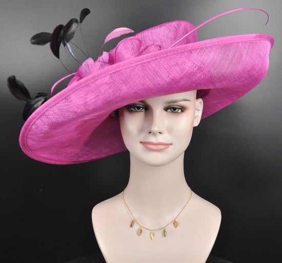 Fuchsia Pink Sinamay Kentucky Derby Hat, Feather Fascinator