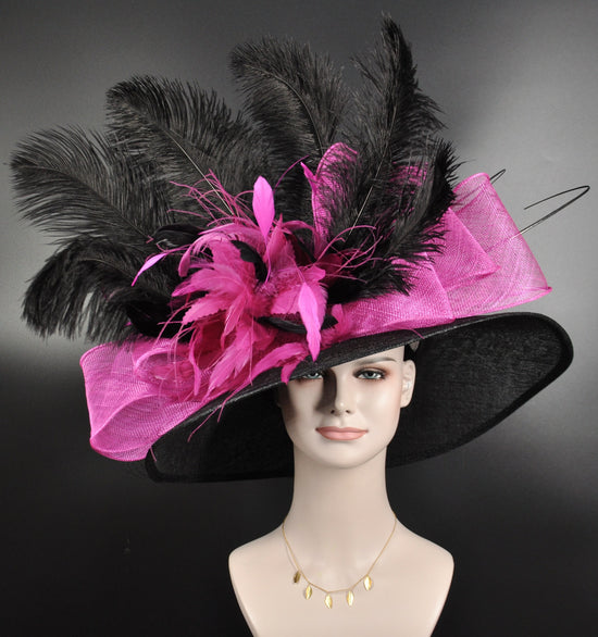 Black, Fuchsia, Feather Flower Wide Brim Kentucky Derby Hat, Ascot Hat for Wedding & Tea Party, Garden Party Hat,Mother of the Bride, Church