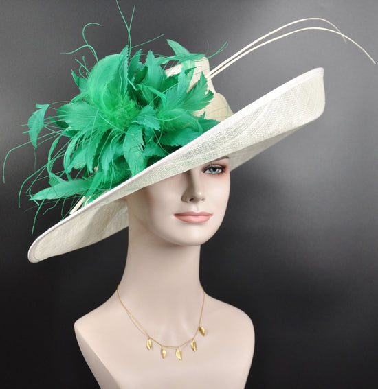 Wide Brim Kentucky Derby Hat, Ascot Hat for Wedding & Tea Party, Garden Party Hat, Mother of the Bride, Church Off White/Ivory Kelly Green