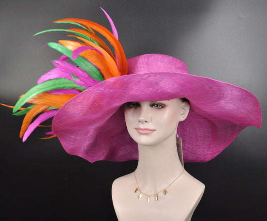 Hot Pink Sinamay Derby Hat: Feather Tea Party Wide Brim