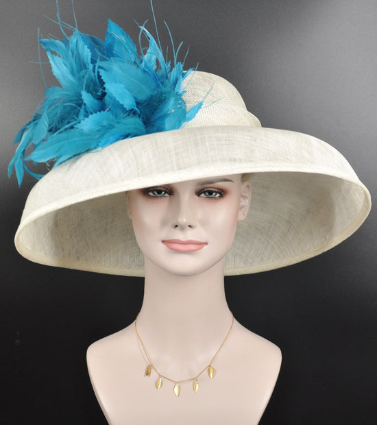 Wide Brim Sinamay Derby Hat: Ivory & Process Blue Feather Dome