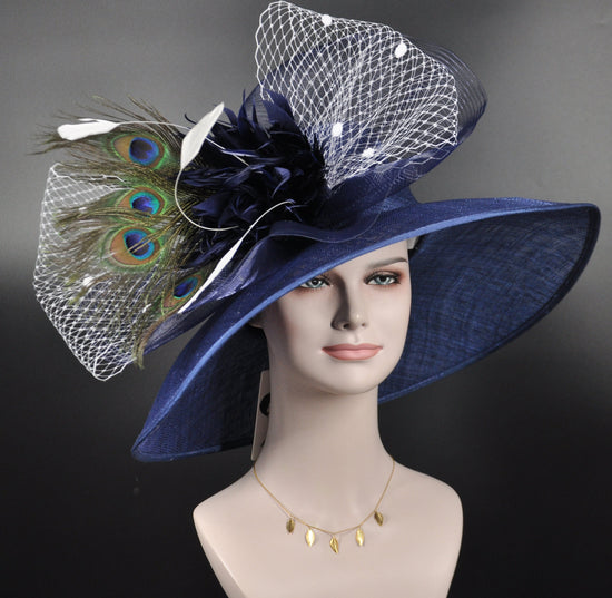 Navy Blue Sinamay Derby Hat: Wide Brim Peacock Feather Wedding