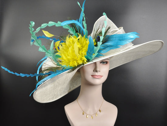 Ivory, Teal, Yellow Feather Wide Brim Sinamay Derby Hat, Feather & Bow Statement Hat, Ascot Fascinator for Wedding, Church, Tea Party