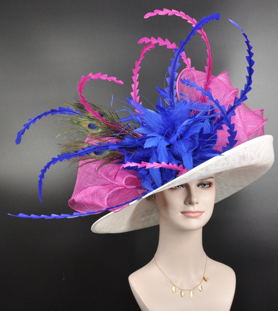 White, Fuchsia, Royal Blue Wide Brim Kentucky Derby Hat, Ascot Hat for Wedding & Tea Party, Garden Party Hat, Mother of the Bride, Church