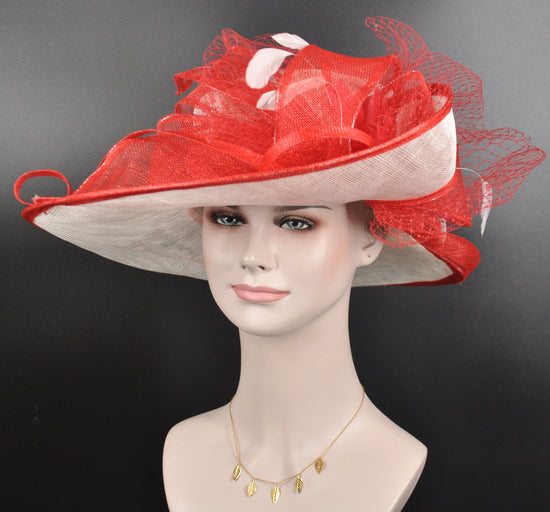 White & Red Wide Brim Sinamay hat, Kentucky derby Hat, Wedding Guest Hat, Tea Party Hat, Ascot Royal Style Hat,Oaks Day Hat