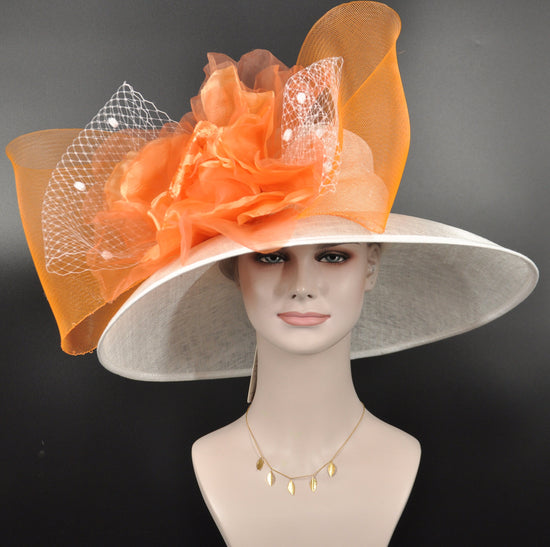 Sinamay Derby Hat: White Wide Brim with Orange Silk Flower