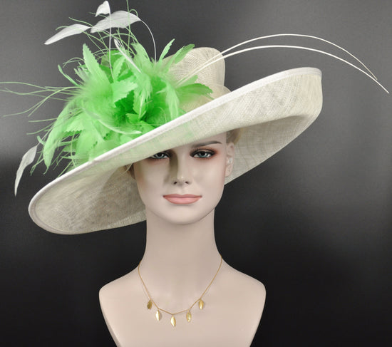 Wide Brim Sinamay Derby Hat with Apple Green Flower