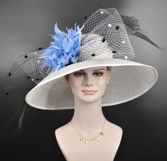 Sinamay Derby Hat: Wide Brim Royal Ascot Hat with Feather Flower