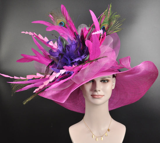 Wide Brim Sinamay Derby Hat: Fuchsia Feather Flower