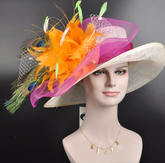 Church Kentucky Derby Hat Wide Brim Sinamay Hat Carriage Tea Party Wedding Ivory/off White with Hot Pink Orange Feather Flower