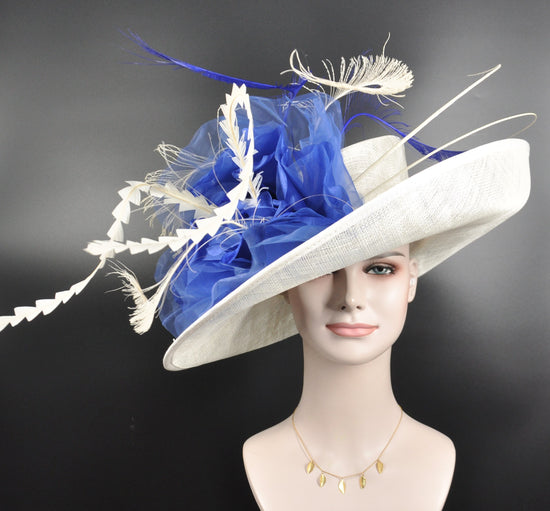 Wide Brim Sinamay Derby Hat: Ivory, Royal Blue Feather Church Hat