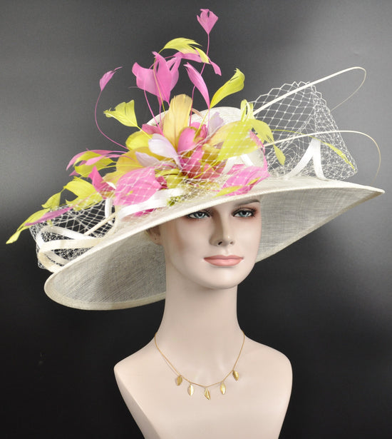 Ivory Hot Pink Lime Green Wide Brim Kentucky Derby Hat,Ascot Hat for Wedding & Tea Party, Garden Party Hat, Mother of the Bride, Church