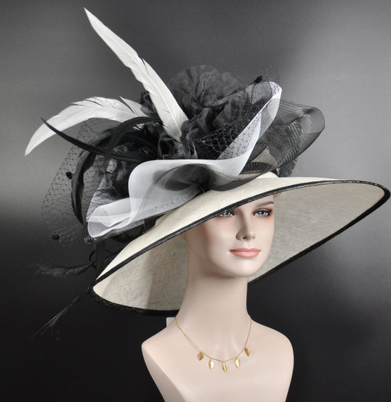 White w Black Jumbo Bows Feather Flower Wide Brim DerbyParty Hat