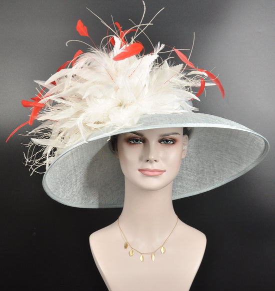 Powder Blue Sinamay Derby Hat, Ivory Feather Flowers, Wide Brim