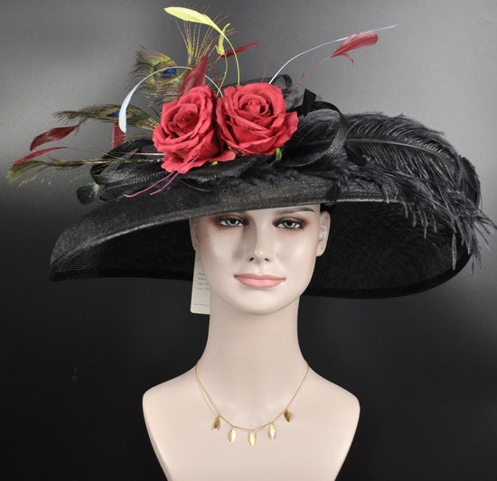Wide Brim Sinamay Derby Hat: Black Flower Feather Church Hat