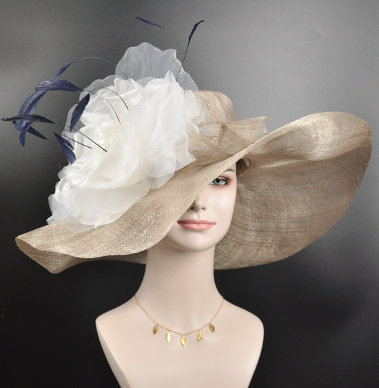Taupe Sinamay Derby Hat: Ivory Silk Flower, Feathers