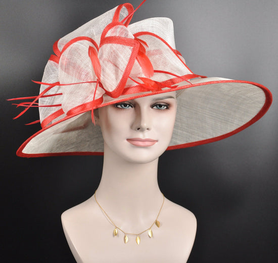 White Red Wide Brim Kentucky Derby Hat, Ascot Hat for Wedding & Tea Party, Garden Party Hat, Mother of the Bride, Church