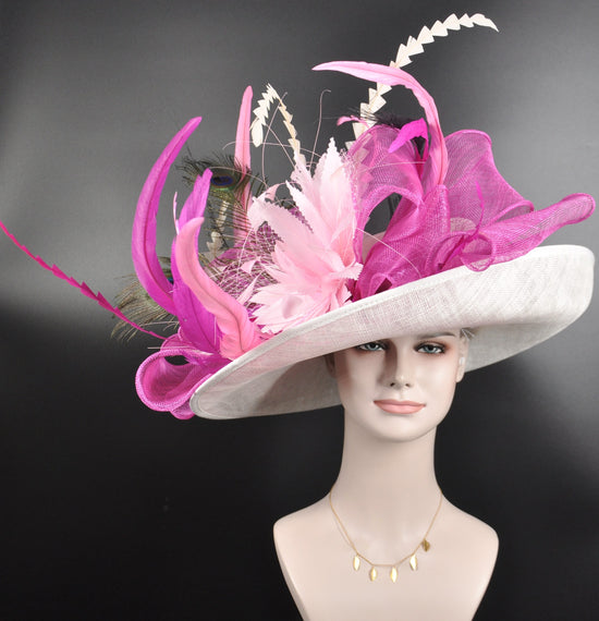 Sinamay Derby Hat: White Wide Brim Feathered Tea Party Hat