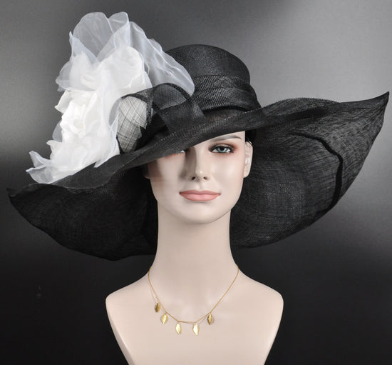 Black White Silk Flower Wide Brim Kentucky Derby Hat,Ascot Hat for Wedding & Tea Party, Garden Party Hat, Mother of the Bride, Church