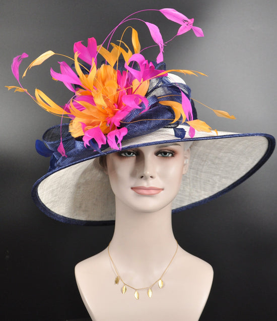 White Navy blue Orange Hot Pink Kentucky Derby Hat,Ascot Hat for Wedding & Tea Party, Garden Party Hat, Mother of the Bride, Church