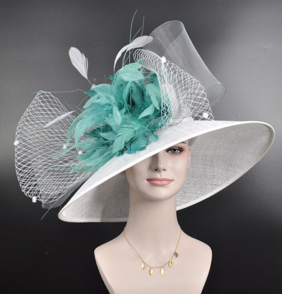 White Aqua Feather Flowers Wide Brim Kentucky Derby Hat,Ascot Hat for Wedding & Tea Party, Garden Party Hat, Mother of the Bride, Church