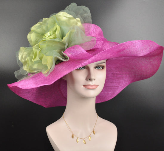 Fuchsia Pink Green Wide Brim Kentucky Derby Hat, Ascot Hat for Wedding & Tea Party, Garden Party Hat, Mother of the Bride, Church, Oaks Day