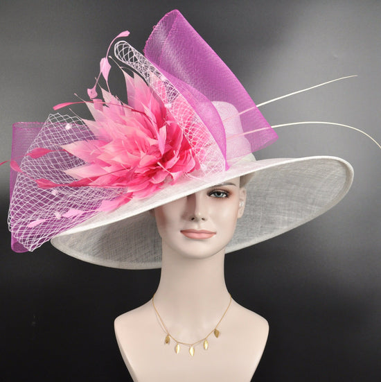 Wide Brim Kentucky Derby Hat, Ascot Hat for Wedding & Tea Party, Garden Party Hat, Mother of the Bride, Church White Fuchsia Pink Hot Pink