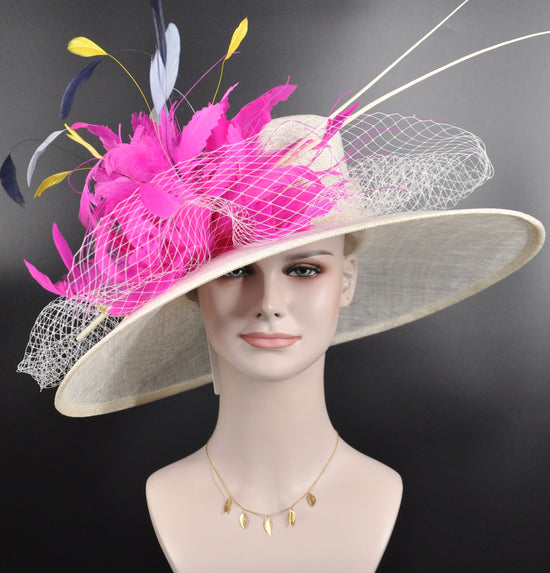 Wide Brim Kentucky Derby Hat, Ascot Hat for Wedding & Tea Party, Garden Party Hat,Mother of the Bride, Church White Fuchsia Pink Yellow Blue