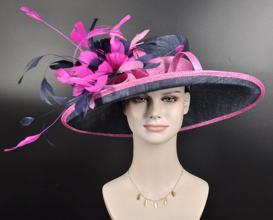 Sinamay Derby Hat: Navy Blue Wide Brim with Fuchsia Flowers
