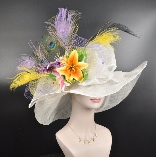 Wide Brim Sinamay Derby Hat: Lily, Silk Flower & Peacock Feathers