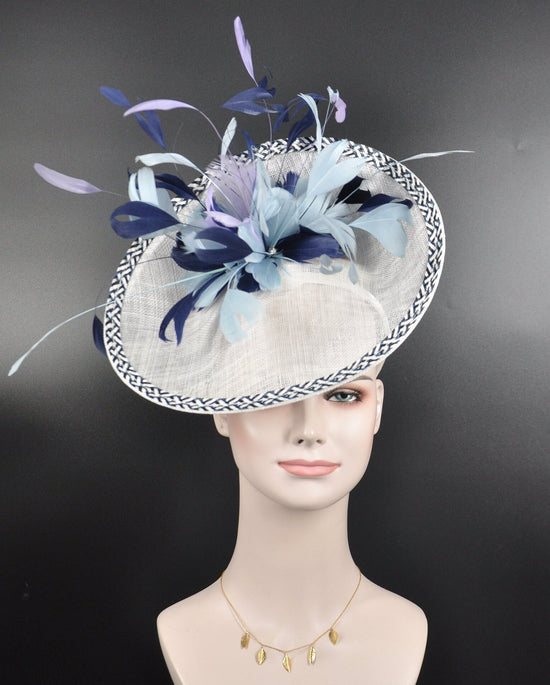 Sinamay Fascinator Hat: White, Navy, and Lavender Feather Flower