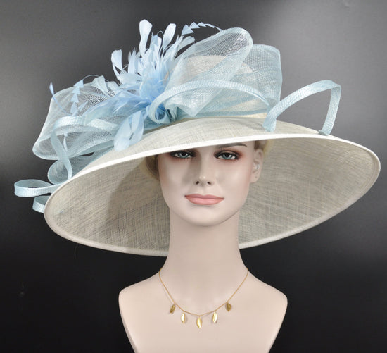 Derby Hat: Ivory Sinamay Feather Flower, Powder Blue Bows